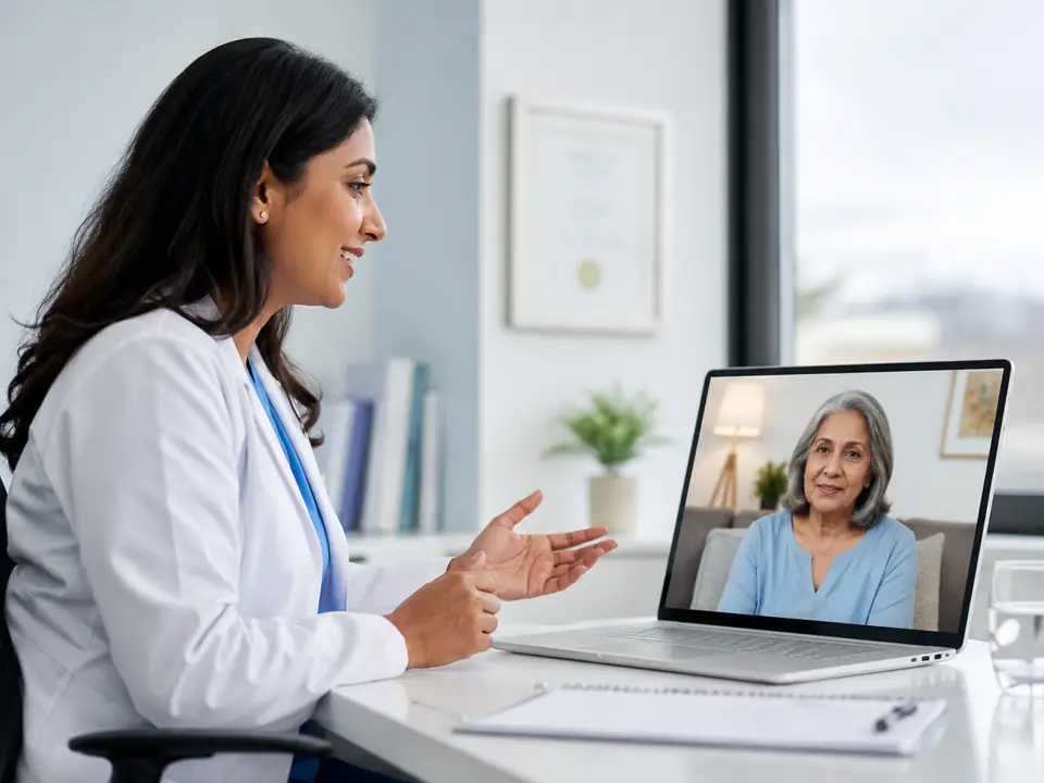 Consultant discussing results with a patient during a private video consultation